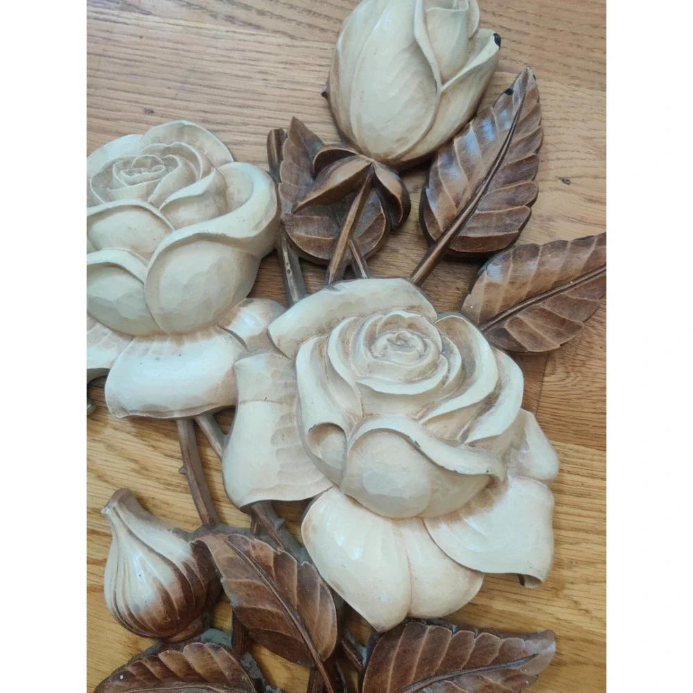 Vintage Mid Century Floral Wall Decor Plaques Set of 2 Roses & Chrysanthemums